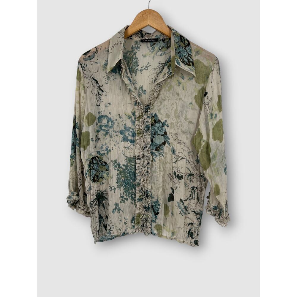 Violet & Claire Floral Toile Ruffle Button-Up Blouse Crinkle Chiffon Size XL